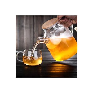 1500 Ml Bambu Kapaklı Isıya Dayanıklı Cam Bitki Çayı Demliği Cam Sürahi