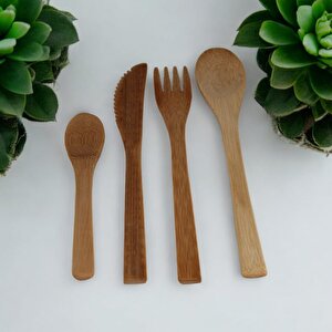 4'lü Ahşap Bambu Çatal Bıçak Kaşık Seti 19 Cm Ahşap Çatal Bıçak Takımı