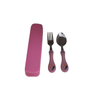 2'li Çocuk Çatal Kaşık Seti Figürlü Pembe Çocuk Çatal Kaşık Seti Kutulu Bebek Mama Seti