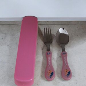 2'li Çocuk Çatal Kaşık Seti Figürlü Pembe Çocuk Çatal Kaşık Seti Kutulu Bebek Mama Seti