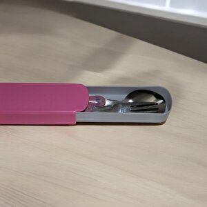 2'li Çocuk Çatal Kaşık Seti Figürlü Pembe Çocuk Çatal Kaşık Seti Kutulu Bebek Mama Seti