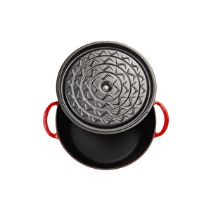 Aroma Kapak Kırmızı Yuvarlak Döküm Tencere 32 Cm