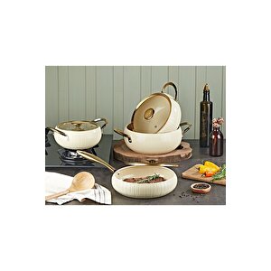 12001 - Allure - Pure Ceramic - 7 Parça - Biogranit, Seramik Tencere, Seti, Krem Gövde, Gold Detay