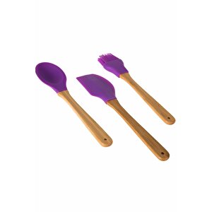 3'lü Bambu Saplı Silikon Kaşık -spatula-fırça Mutfak Seti