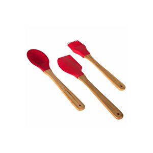 3'lü Bambu Saplı Silikon Kaşık -spatula-fırça Mutfak Seti