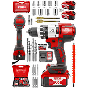Brushless 21v 3 Ah Çelik Şanzıman 10 Pilli Çift Akülü Darbeli Şarjlı Matkap Vidalama-kirmizi
