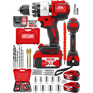 Brushless 21v 3 Ah Çelik Şanzıman 10 Pilli Çift Akülü Darbeli Şarjlı Matkap Vidalama-kirmizi