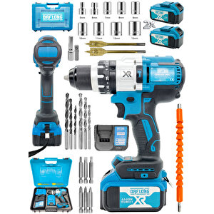 Brushless 21V 3 AH Çelik Şanzıman 10 Pilli Çift Akülü Darbeli Şarjlı Matkap Vidalama-mavi
