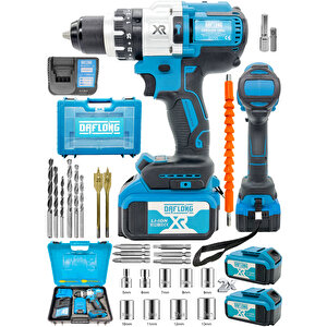 Brushless 21V 3 AH Çelik Şanzıman 10 Pilli Çift Akülü Darbeli Şarjlı Matkap Vidalama-mavi