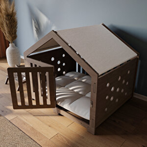 Modern Köpek Kulübesi Küçük Boy Kovboy Model, El Yapımı, Birinci Sınıf Ahşap, Hediye Mama Kabı Antrasit