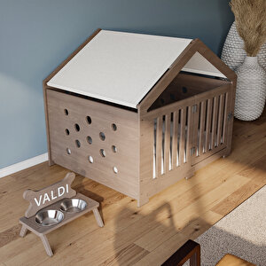 Modern Köpek Kulübesi Küçük Boy Kovboy Model, El Yapımı, Birinci Sınıf Ahşap, Hediye Mama Kabı Antrasit