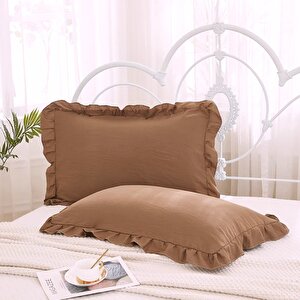 Maki Home Yüzde Yüz Pamuklu Sutlu Kahve Fırfırlı İki Adet 50x70 Yastık Kılıfı Seti