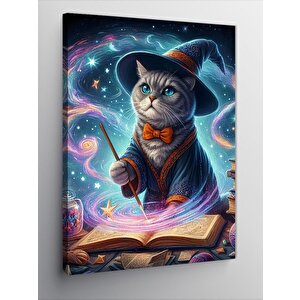 Kanvas Tablo Büyü Kitabı Okuyan Kedi 50x70 cm