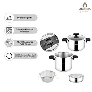 Cook Master 7 Parça Çok Fonksiyonlu Paslanmaz Çelik Buharlı Düdüklü Tencere Seti