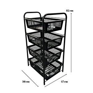 Ece Metal 4 Plastik Raflı Tekerlekli Siyah Sebzelik Meyvelik Organizer