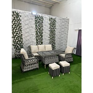 Şık Ve Konforlu Rattan Bahçe Mobilyası Takımı 3+1+1 + 2 adet puf + Masalı
