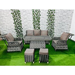 Şık Ve Konforlu Rattan Bahçe Mobilyası Takımı Çift Renk 3+1+1 2 Puf Hediye Masalı