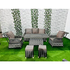Şık Ve Konforlu Rattan Bahçe Mobilyası Takımı Çift Renk 3+1+1 2 Puf Hediye Masalı