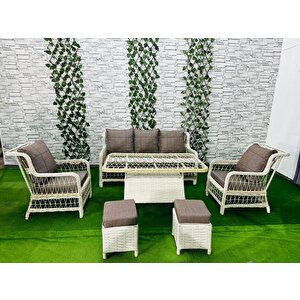Şık Ve Konforlu Rattan Bahçe Mobilyası Takımı" Krem Cappicino Yastık 3+1+1 2 Puf  Ve Masa