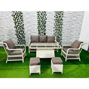 Şık Ve Konforlu Rattan Bahçe Mobilyası Takımı" Krem Cappicino Yastık 3+1+1 2 Puf  Ve Masa