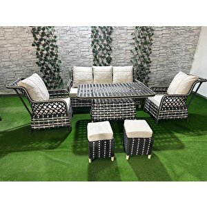 3+1+1 Rattan Bahçe Mobi̇lyasi Masali 2 Puf Hedi̇ye Garanti̇li̇ Çi̇ft Renk Krem Kumaş
