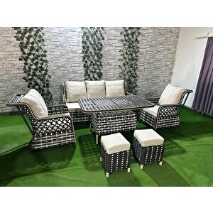 3+1+1 Rattan Bahçe Mobi̇lyasi Masali 2 Puf Hedi̇ye Garanti̇li̇ Çi̇ft Renk Krem Kumaş