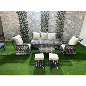3+1+1 Rattan Bahçe Mobi̇lyasi Masali 2 Puf Hedi̇ye Garanti̇li̇ Çi̇ft Renk Krem Kumaş