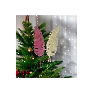 Vip Deluxe 2 Adet Si̇mli̇ Yilbaşi Çam Ağaci Yapraği Noel Süsleri̇ Dekor Yaprak Kirmizi Gold 40cm Yaprak