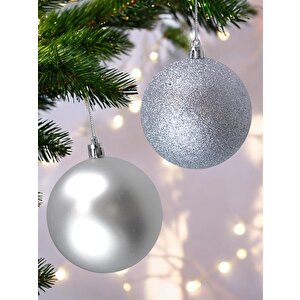 Yılbaşı Topu Simli-mat Çam Ağacı Süsleri Gümüş 10 Cm 6'lı