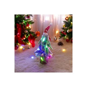Vip Deluxe Beyaz Karli Yilbaşi Ağaci Renkli̇ Led Işikli Noel Ağaci Şapkali Kütüklü Noel Ağaci 22 Cm