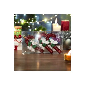 Vip Deluxe 3 Adet Fi̇yonklu Baston Çubuk Yilbaşi Ağaç Süsü 10 Cm Parlak Si̇mli̇ Kirmizi Noel Süsleri̇