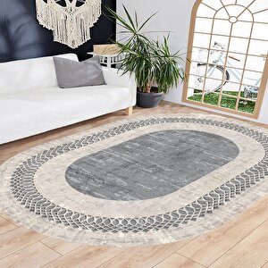 Dijital Baskı Halı, Gri Renk Oval Halı, Yıkanabilir, Kaymaz, Mutfak Halısı, Salon Halısı, Yolluk 120x180 cm