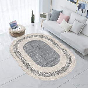 Dijital Baskı Halı, Gri Renk Oval Halı, Yıkanabilir, Kaymaz, Mutfak Halısı, Salon Halısı, Yolluk