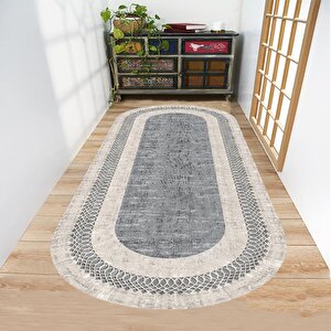 Dijital Baskı Halı, Gri Renk Oval Halı, Yıkanabilir, Kaymaz, Mutfak Halısı, Salon Halısı, Yolluk 80x150 cm