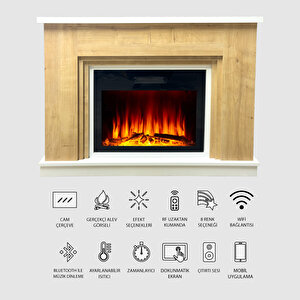 Ahşap Detaylı, Bluetooth, Wi-fi, 8 Renk Alev Işığı Ve Ses Efektli Elektrikli Şömine