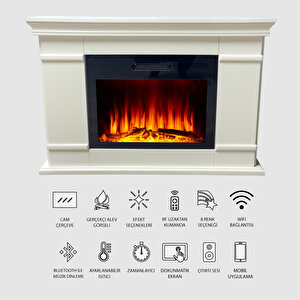 Beyaz Renk, Bluetooth, Wifi, 8 Renk Alev Işığı Ve Ses Efektli Elektrikli Şömine