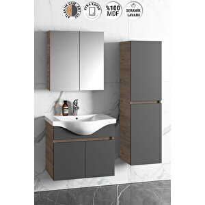 Yıldız 55+35 Cm Atlantik Çam- Antrasit Gri Mat Mdf Seramik Lavabolu Asma Banyo Dolabı Takımı 55 cm