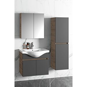 Yıldız 55+35 Cm Atlantik Çam- Antrasit Gri Mat Mdf Seramik Lavabolu Asma Banyo Dolabı Takımı 55 cm