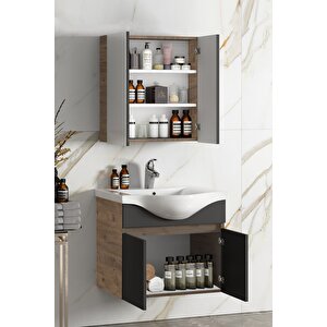Yıldız 55+35 Cm Atlantik Çam- Antrasit Gri Mat Mdf Seramik Lavabolu Asma Banyo Dolabı Takımı 55 cm