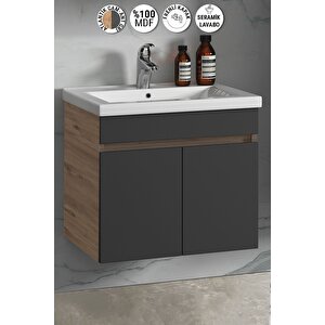 Çiğdem 65 Cm Atlantik Çam-antrasit Gri Mat Mdf Seramik Lavabolu Asma Banyo Alt Dolabı 65 cm