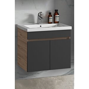 Çiğdem 65 Cm Atlantik Çam-antrasit Gri Mat Mdf Seramik Lavabolu Asma Banyo Alt Dolabı 65 cm