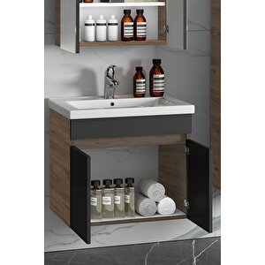 Çiğdem 65 Cm Atlantik Çam-antrasit Gri Mat Mdf Seramik Lavabolu Asma Banyo Alt Dolabı 65 cm