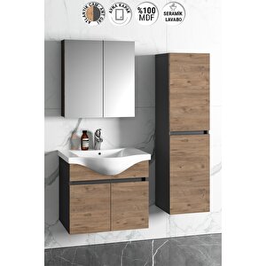 Yıldız 55+35 Cm Antrasit Gri Mat-atlantik Çam Mdf Seramik Lavabolu Asma Banyo Dolabı Takımı 55 cm