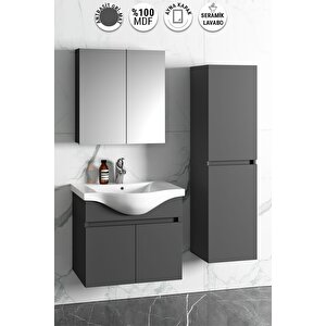 Yıldız 55+35 Cm Antrasit Gri Mat Mdf Seramik Lavabolu Asma Banyo Dolabı Takımı 55 cm