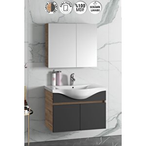 Yıldız 80 Cm Atlantik Çam-antrasit Gri Mat Mdf Seramik Lavabolu Asma Banyo Dolabı Takımı 80 cm