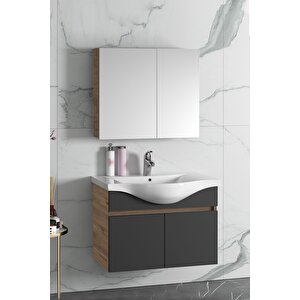 Yıldız 80 Cm Atlantik Çam-antrasit Gri Mat Mdf Seramik Lavabolu Asma Banyo Dolabı Takımı 80 cm
