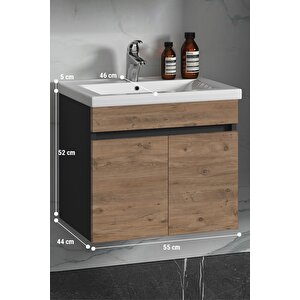 55 Cm Antrasit Gri Mat-atlantik Çam Mdf Seramik Lavabolu Asma Banyo Alt Dolabı 55 cm