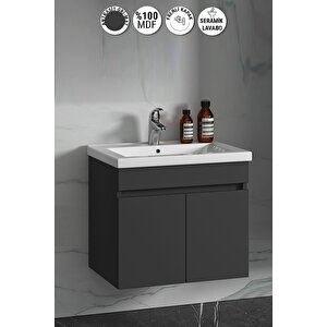 Çiğdem 65 Cm Antrasit Gri Mat Mdf Seramik Lavabolu Asma Banyo Alt Dolabı 65 cm