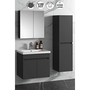 Çiğdem 55+35 Cm Antrasit Gri Mat Mdf Seramik Lavabolu Sepetli Asma Banyo Dolabı Takımı 55 cm