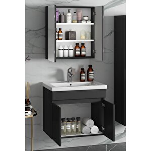Çiğdem 55+35 Cm Antrasit Gri Mat Mdf Seramik Lavabolu Sepetli Asma Banyo Dolabı Takımı 55 cm
